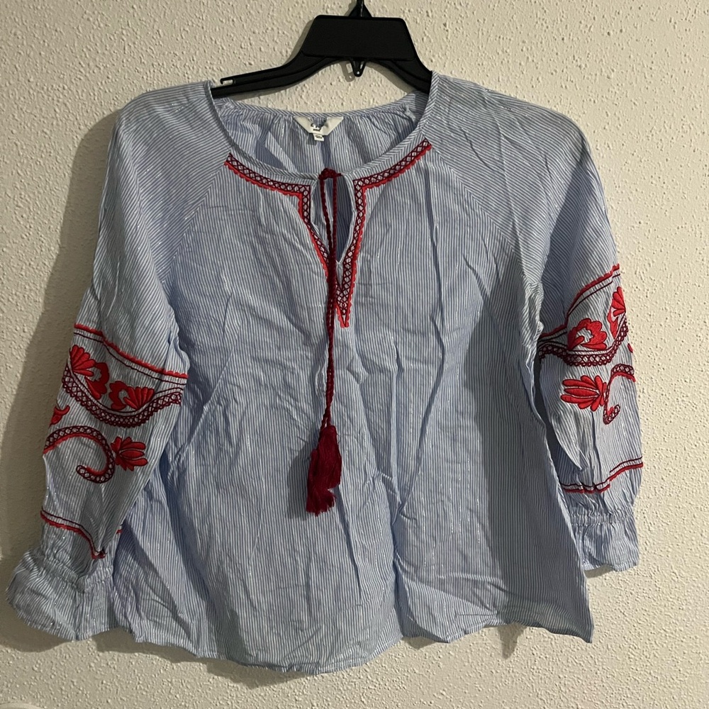 Light Blue Striped Peasant Top with Red Embroidery